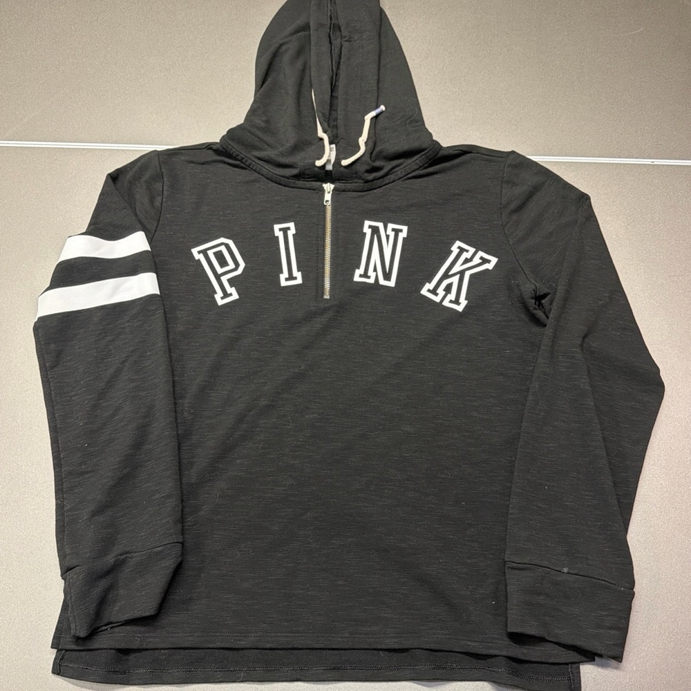 PINK Victoria Secret Womens Medium Black Pullover Sweatshirt Quarter Zip Top
